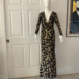 Elegant Black and Gold Long Sleeve Dress, deep V-neck dress